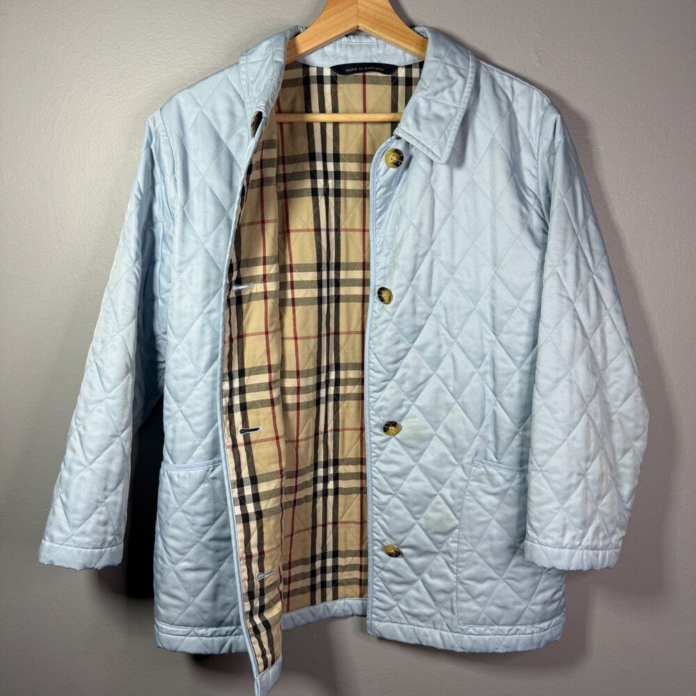 Burberry London Quilted Jacket Womens S Baby Blue Nova Check Old Money Coastal